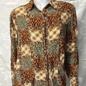 Allison Taylor Brown and Green Blouse with Animal Print